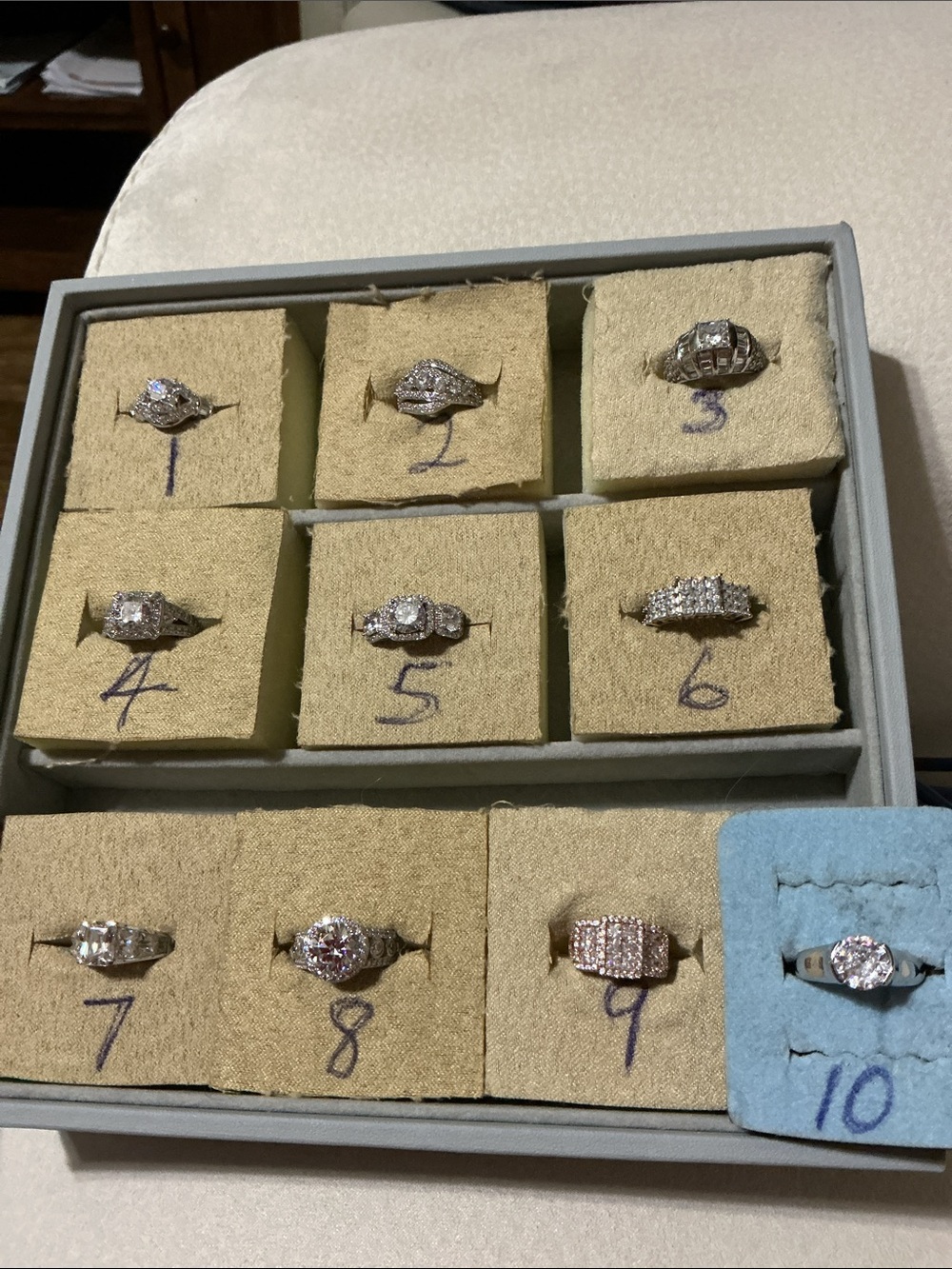 JTV ladies tray of 10, all sz 5, all $35 ea., all czs, specify ring no. U want